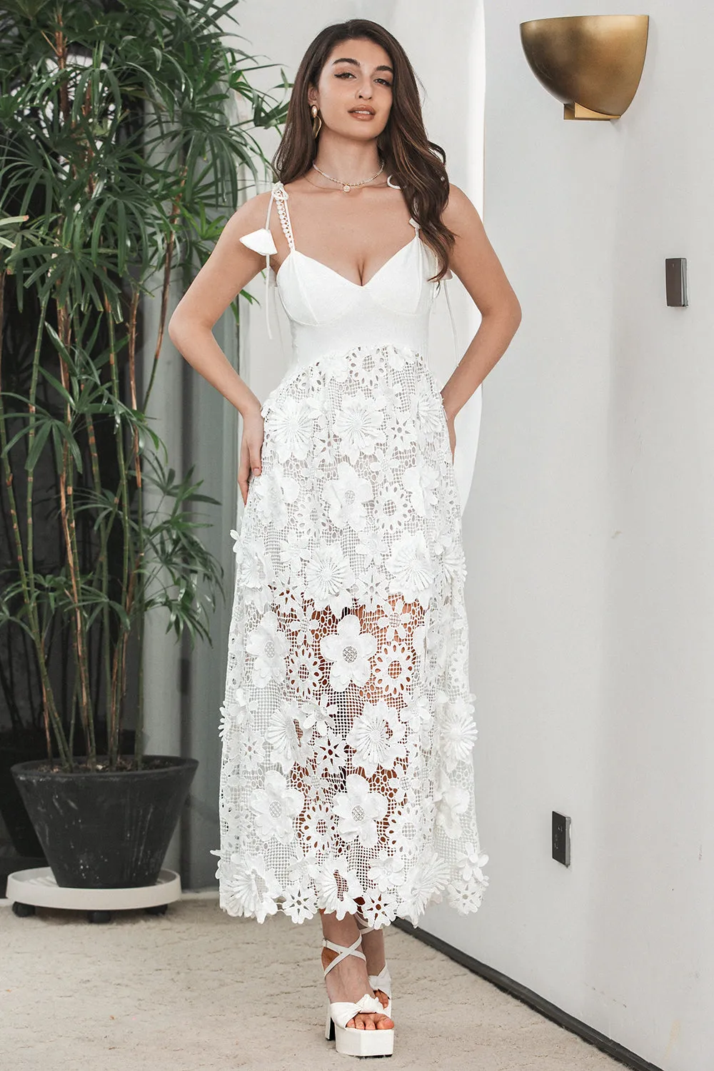 Classy White Boho Flower Sheath Spaghetti Straps Long Graduation Dress with Lace sold by Wedtrend