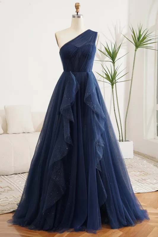 Navy A-Line One Shoulder Tulle Long Prom Dress With Slit made by Wedtrend
