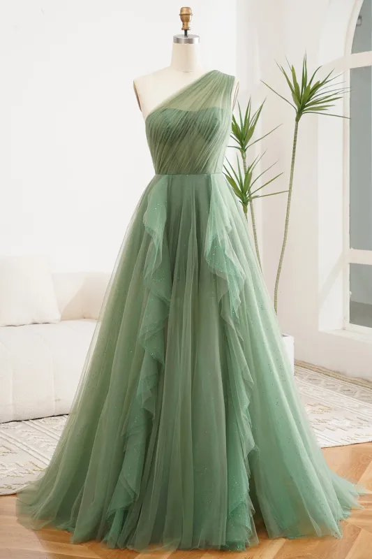 Dark Green A-Line One Shoulder Tulle Long Prom Dress With Slit made by Wedtrend