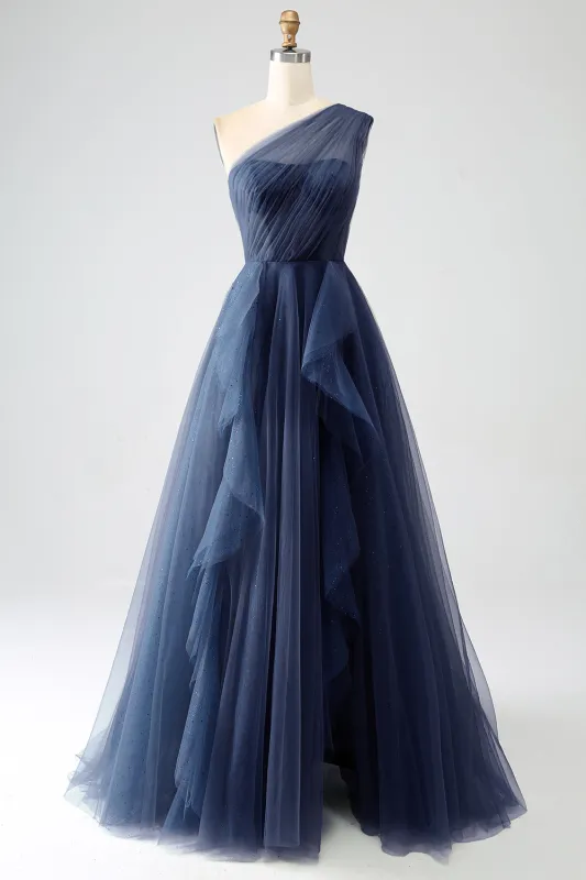 Navy A-Line One-Shoulder Long Tulle Prom Dress With Slit made by Wedtrend
