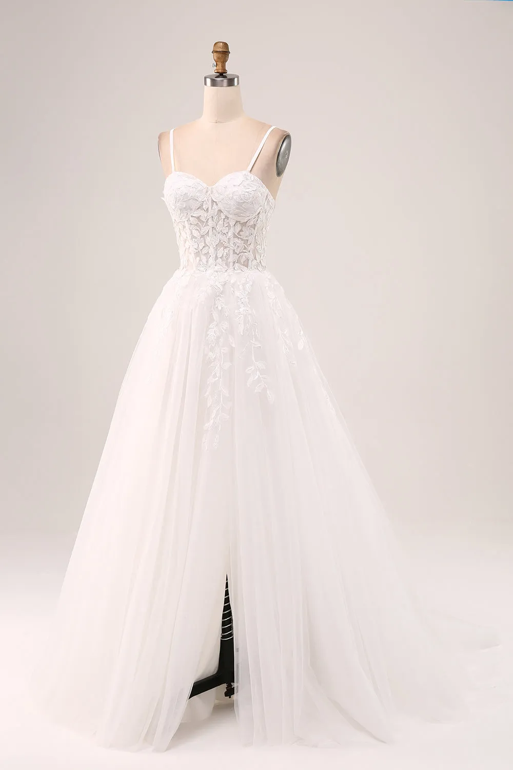 Ivory A-Line Spaghetti Straps Lace Appliques Tulle Wedding Dress with Slit sold by Wedtrend product image thumbnail 3