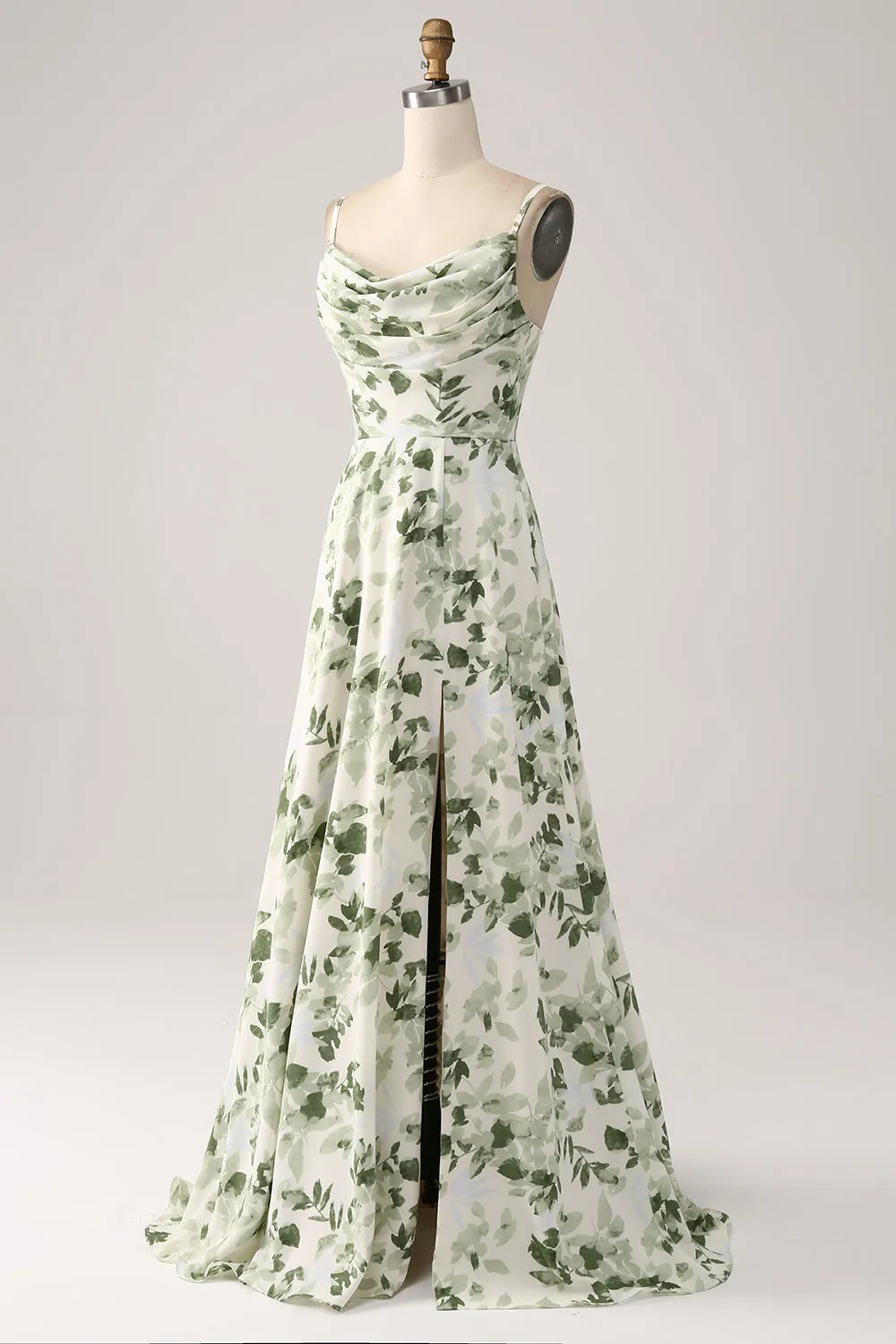 A-Line Cowl Neck Printed Long Green Bridesmaid Dress With Slit sold by Wedtrend product image thumbnail 3