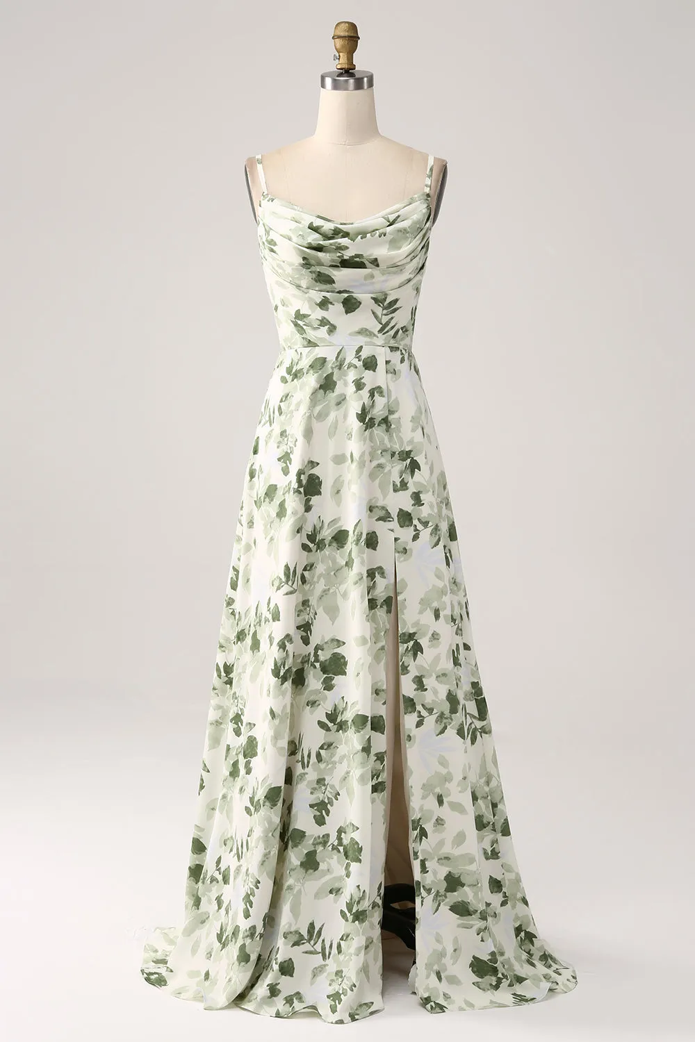 A-Line Cowl Neck Printed Long Green Bridesmaid Dress With Slit sold by Wedtrend