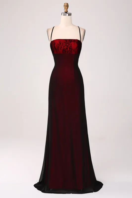 Black Red Sheath Spaghetti Straps Backless Floor Length Bridesmaid Dress made by Wedtrend