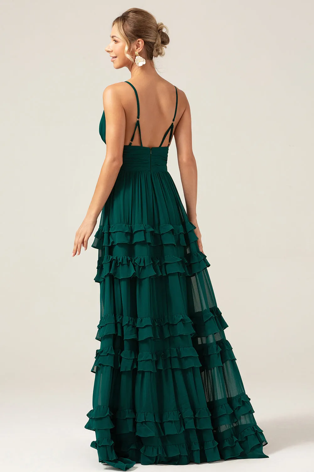 Dark Green A-Line Spaghetti Straps Tiered Pleated Floor Length Bridesmaid Dress sold by Wedtrend product image thumbnail 4