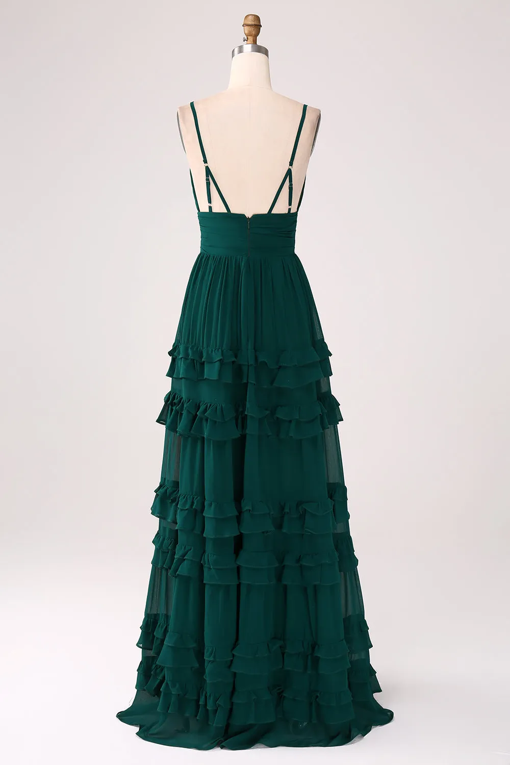 Dark Green A-Line Spaghetti Straps Tiered Pleated Floor Length Bridesmaid Dress sold by Wedtrend product image thumbnail 2