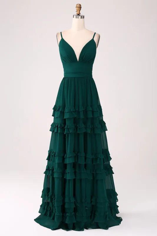 Dark Green A-Line Spaghetti Straps Tiered Pleated Floor Length Bridesmaid Dress sold by Wedtrend