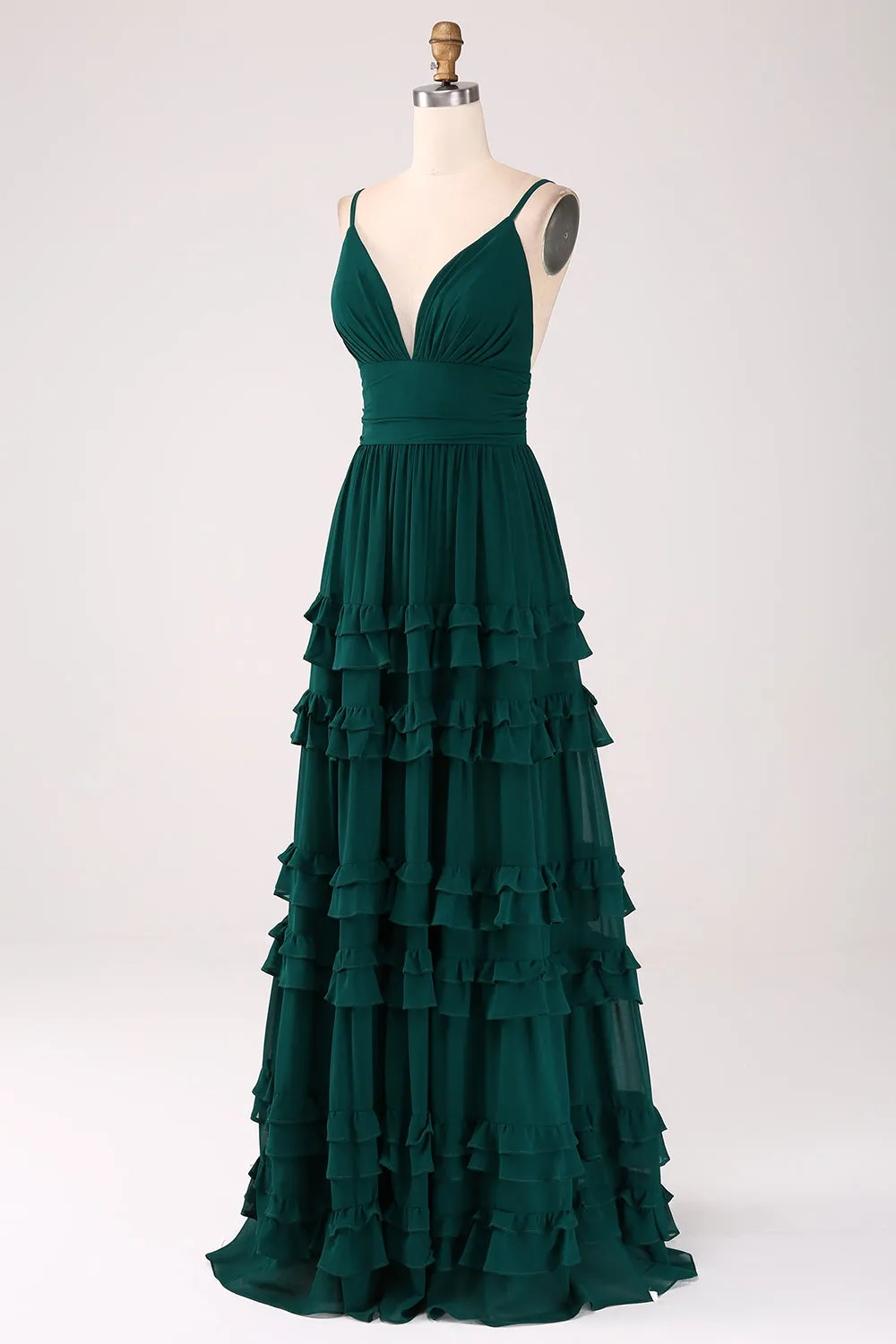 Dark Green A-Line Spaghetti Straps Tiered Pleated Floor Length Bridesmaid Dress sold by Wedtrend product image thumbnail 5