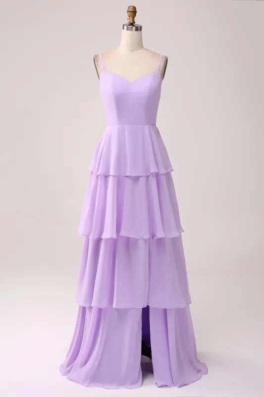 Lilac A-Line Spaghetti Straps Tiered Floor Length Bridesmaid Dress With Slit sold by Wedtrend