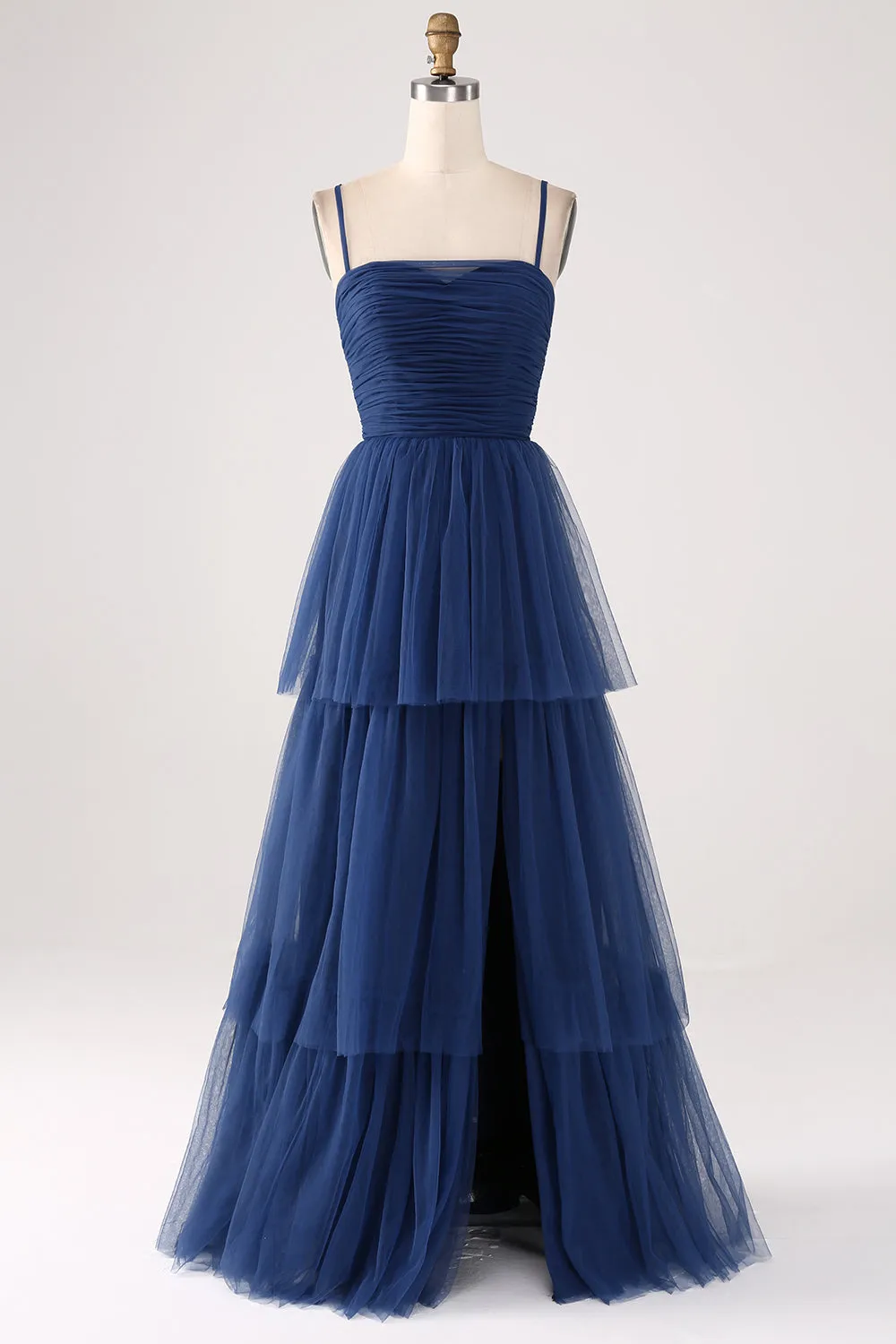 Navy A Line Spaghetti Straps Tulle Pleated Floor Length Bridesmaid Dress With Slit sold by Wedtrend