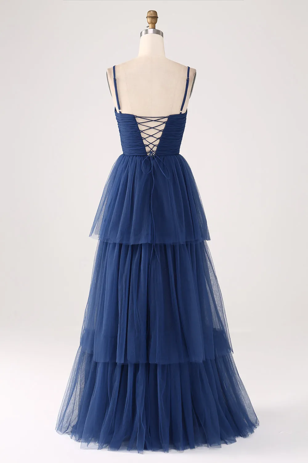 Navy A Line Spaghetti Straps Tulle Pleated Floor Length Bridesmaid Dress With Slit sold by Wedtrend product image thumbnail 2