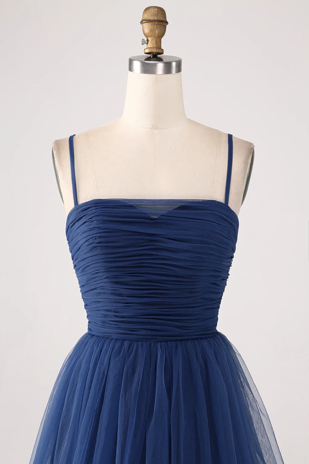 Navy A Line Spaghetti Straps Tulle Pleated Floor Length Bridesmaid Dress With Slit sold by Wedtrend product image thumbnail 4