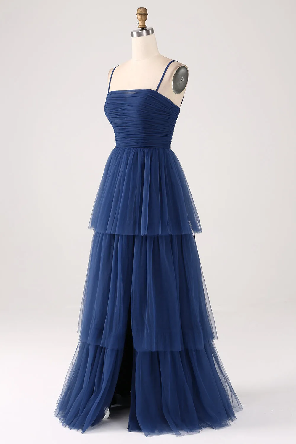 Navy A Line Spaghetti Straps Tulle Pleated Floor Length Bridesmaid Dress With Slit sold by Wedtrend product image thumbnail 3