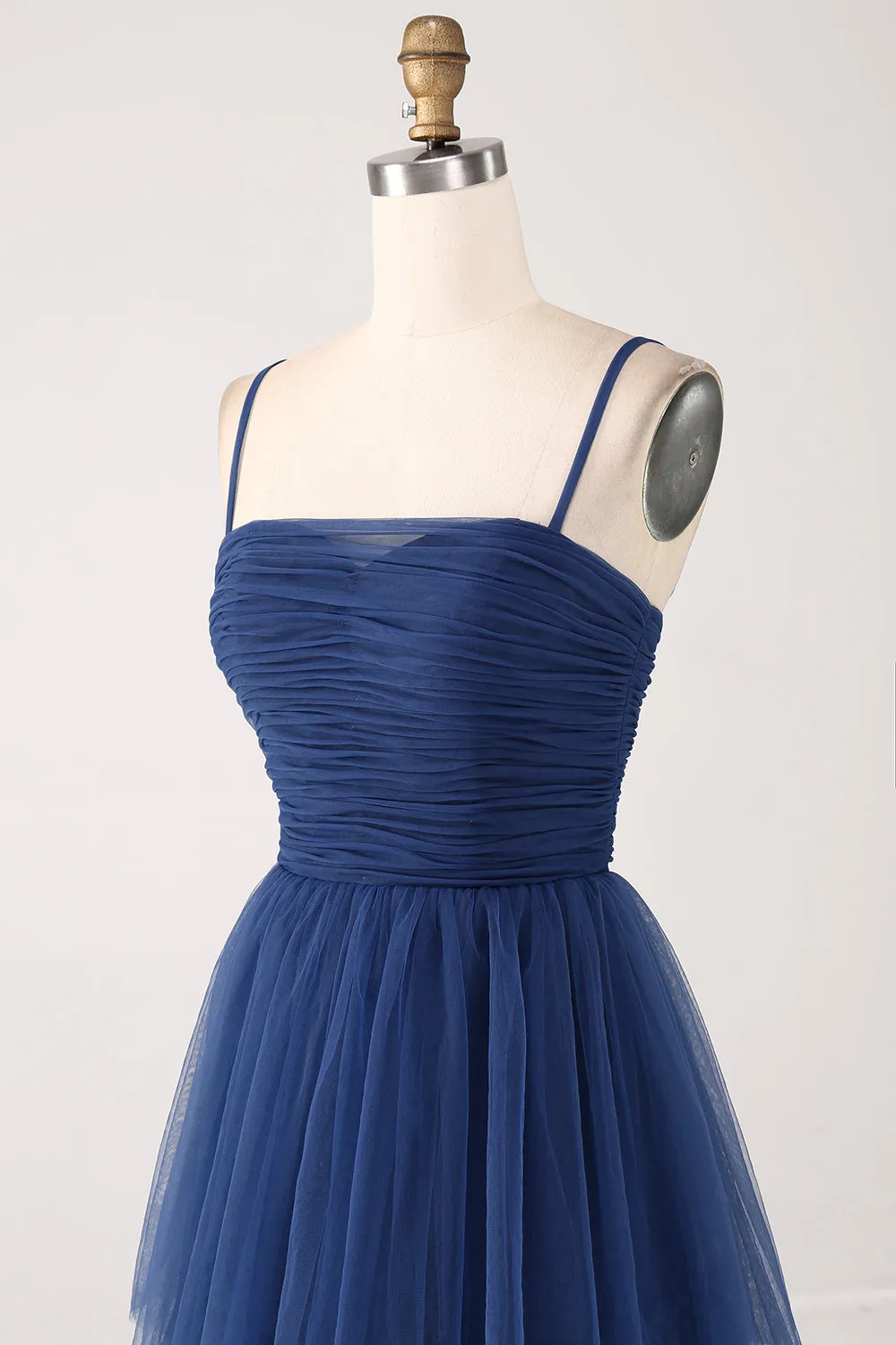 Navy A Line Spaghetti Straps Tulle Pleated Floor Length Bridesmaid Dress With Slit sold by Wedtrend product image thumbnail 5