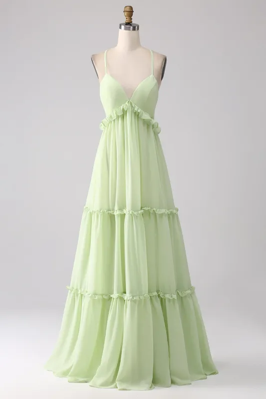 Light Green A-Line Spaghetti Straps Backless Long Bridesmaid Dress With Ruffles sold by Wedtrend