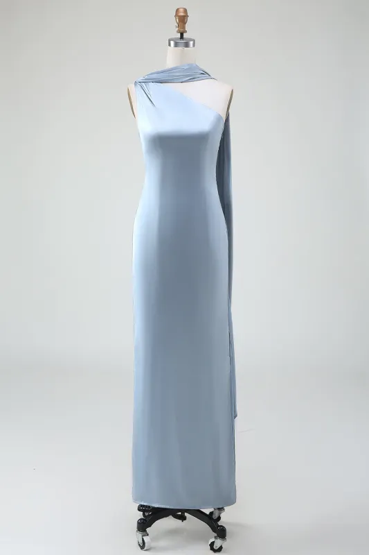 Sheath One-Shoulder Convertible Long Satin Dusty Blue Bridesmaid Dress made by Wedtrend