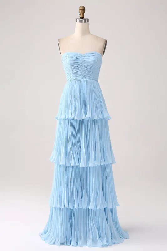 Sky Blue A-Line Sweetheart Tiered Floor Length Chiffon Bridesmaid Dress sold by Wedtrend