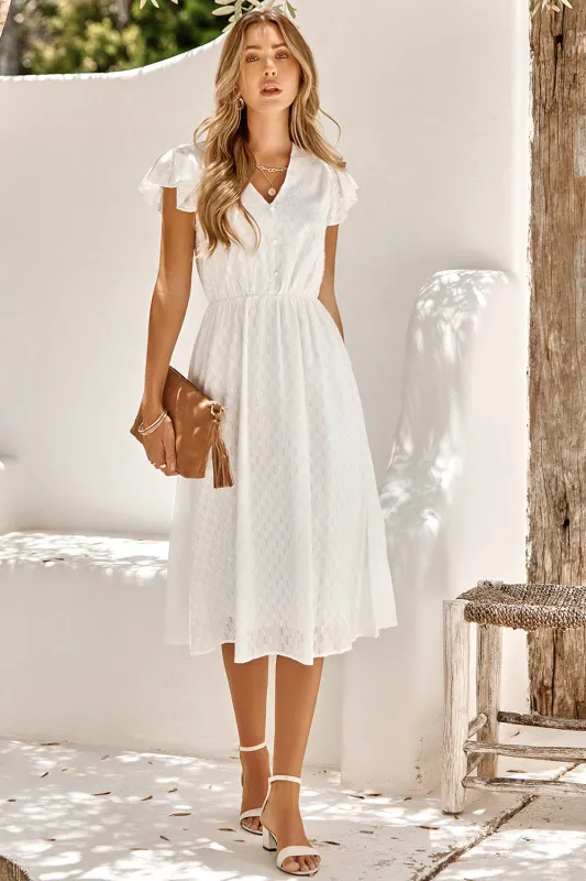 Classy White V Neck Midi Short Graduation Dress With Short Sleeves made by Wedtrend