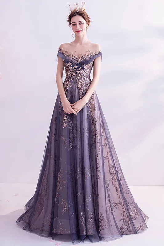 Sparkly Purple A-Line Tulle Long Prom Dress made by Wedtrend