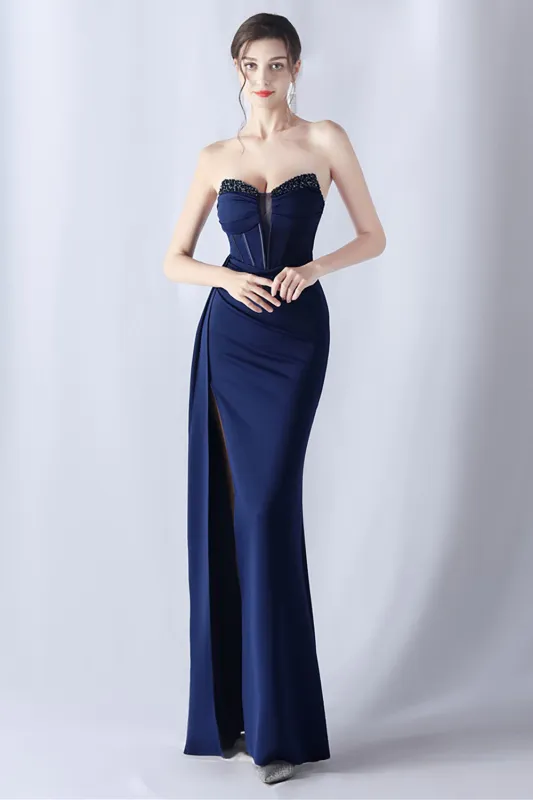 Navy Mermaid Strapless Long Corset Prom Dress with Slit made by Wedtrend