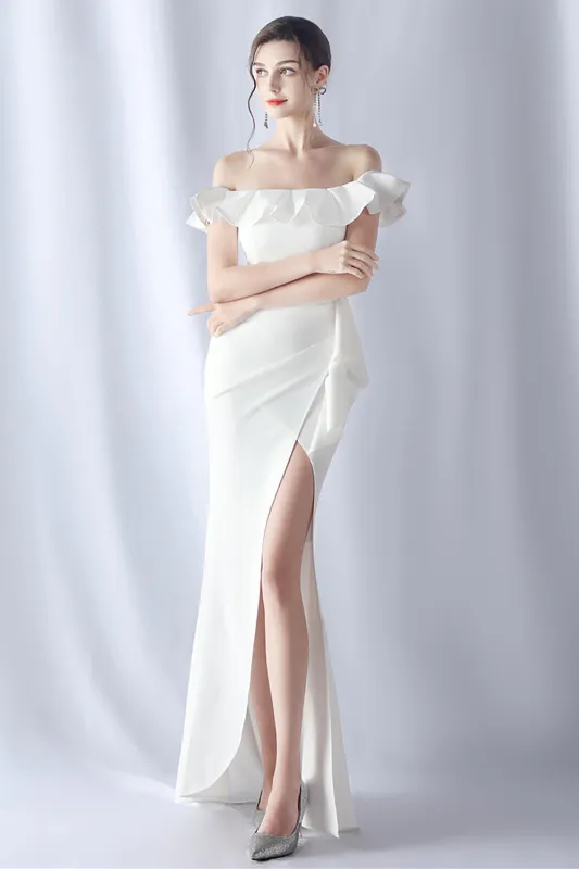 White Mermaid Off the Shoulder Long Formal Dress with Ruffles made by Wedtrend