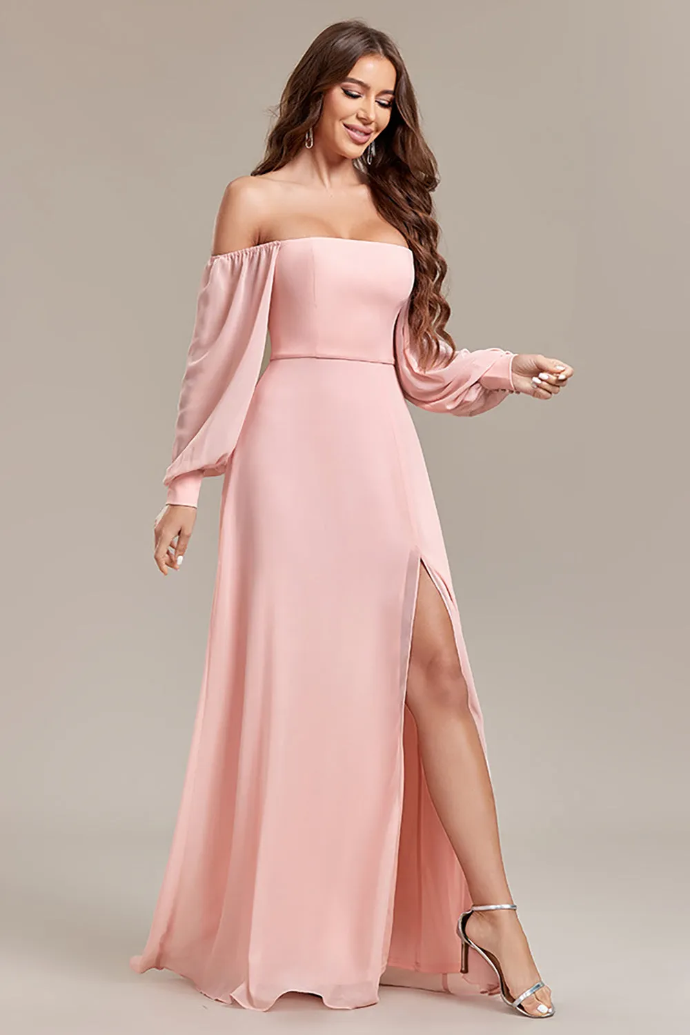 Blush A-Line Off the Shoulder Long Wedding Guest Dress with Slit sold by Wedtrend product image thumbnail 5