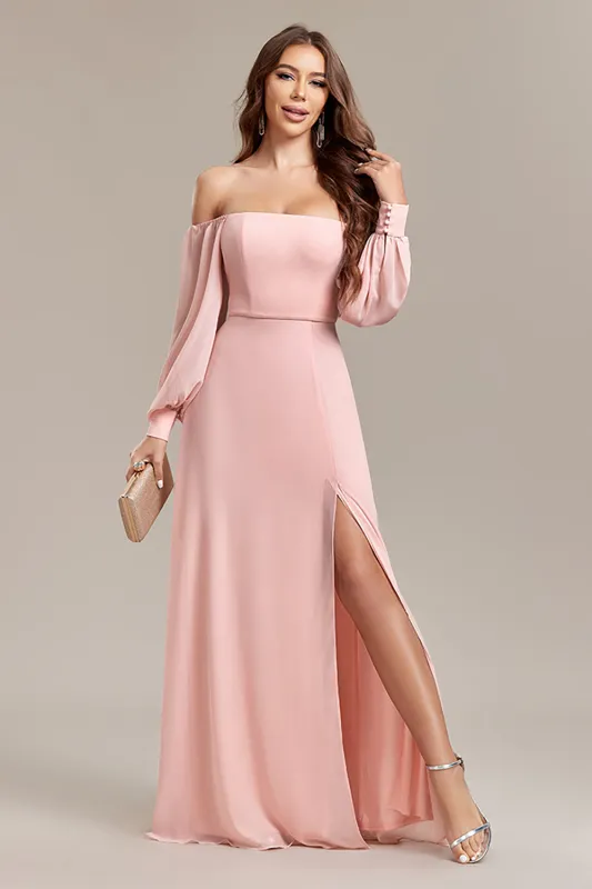 Blush A-Line Off the Shoulder Long Wedding Guest Dress with Slit made by Wedtrend