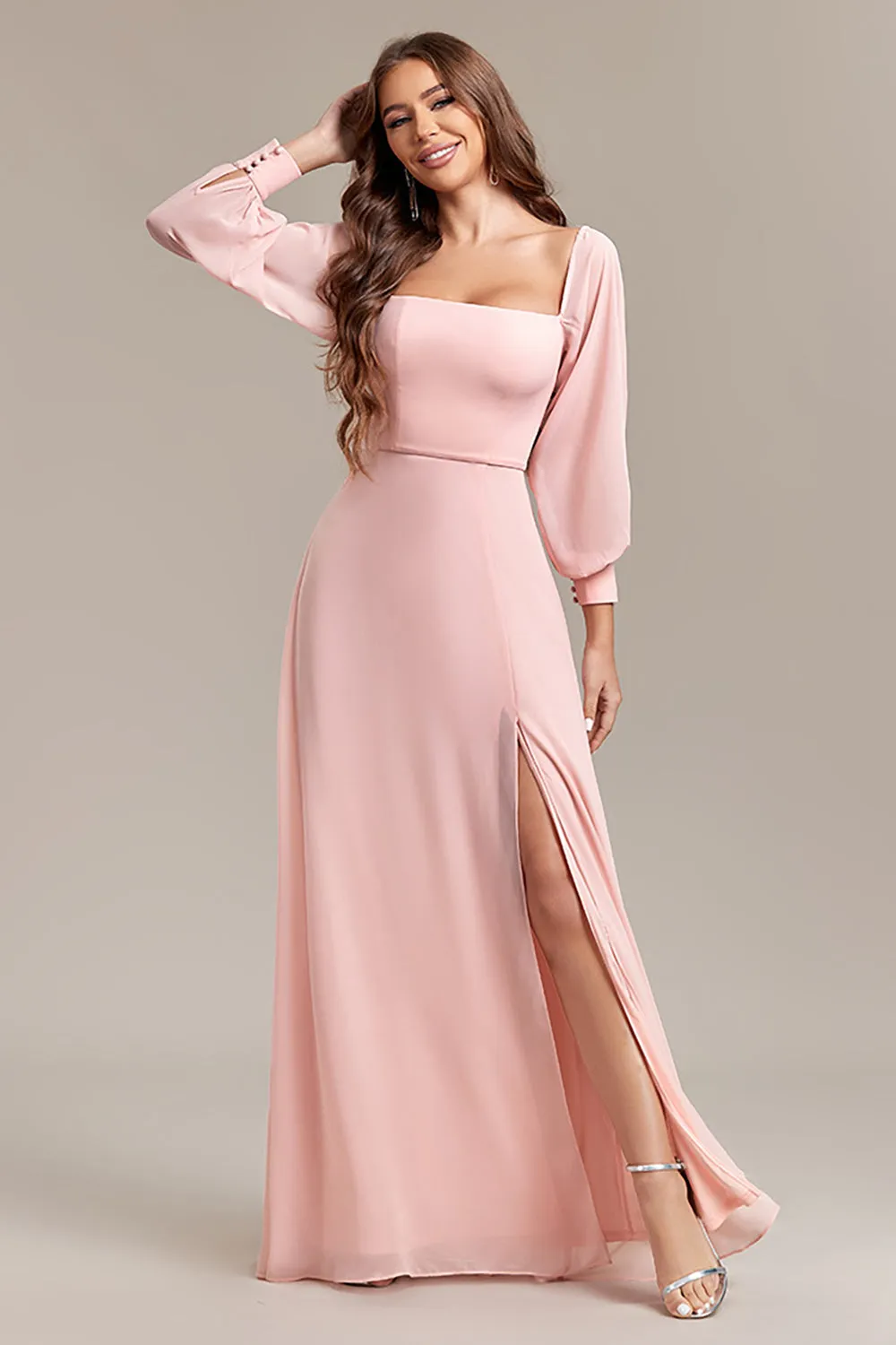 Blush A-Line Off the Shoulder Long Wedding Guest Dress with Slit sold by Wedtrend product image thumbnail 3