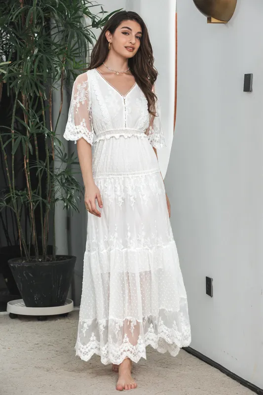 Simple White Lace Holiday Boho Beach Graduation Dress With Short Sleeves sold by Wedtrend