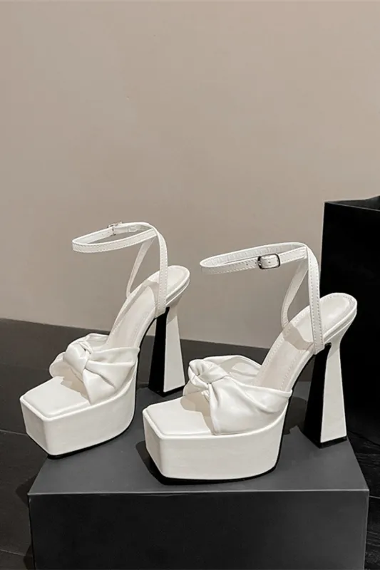 White Chunky High Heel Sandals with Bow made by Wedtrend