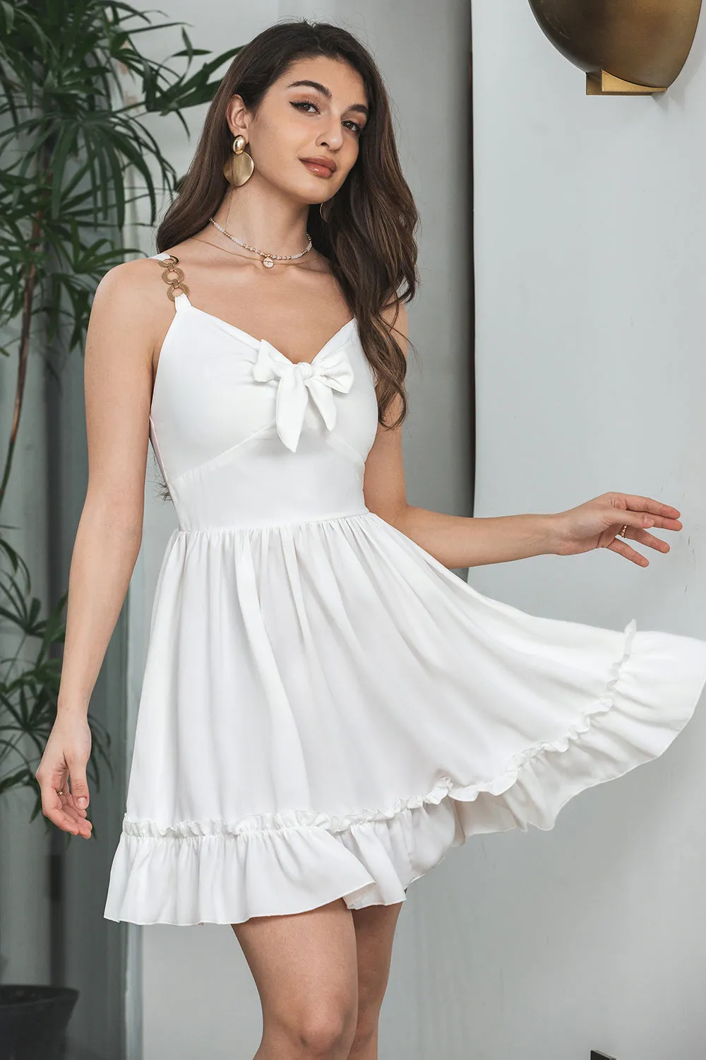 Cute White A Line Spaghetti Straps Pleated Short Graduation Dress With Bow sold by Wedtrend product image thumbnail 4
