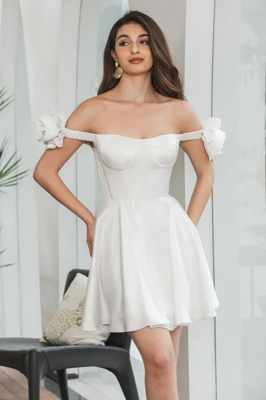 Cute White Off The Shoulder Corset Short Graduation Dress With Flowers sold by Wedtrend