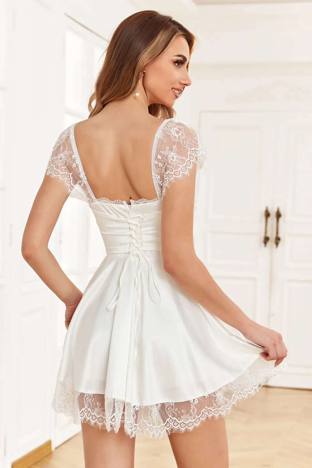 White A Line Square Neck Short Graduation Dress with Lace sold by Wedtrend product image thumbnail 2