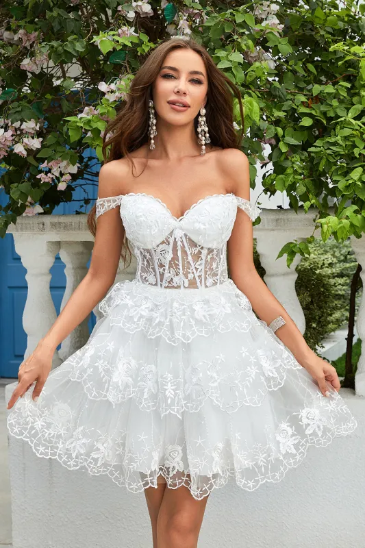Ball-Gown/Princess Off The Shoulder Corset Short Wedding Dress sold by Wedtrend
