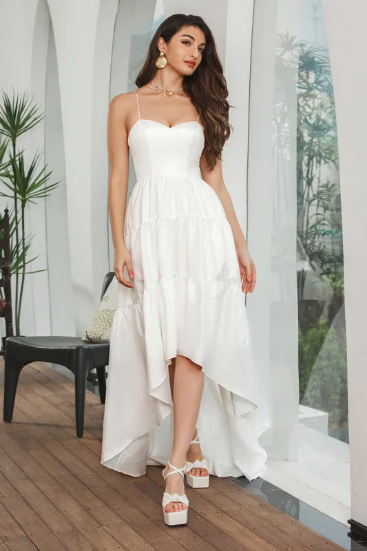 Simple White Spaghetti Straps Asymmetrical Graduation Dress sold by Wedtrend