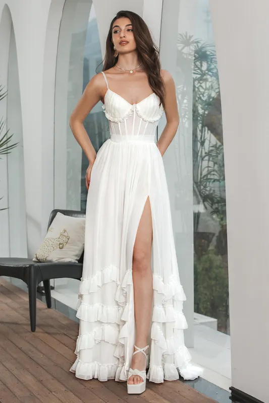 Simple White Ruffled Chiffon Corset High School Party Dress with Slit sold by Wedtrend