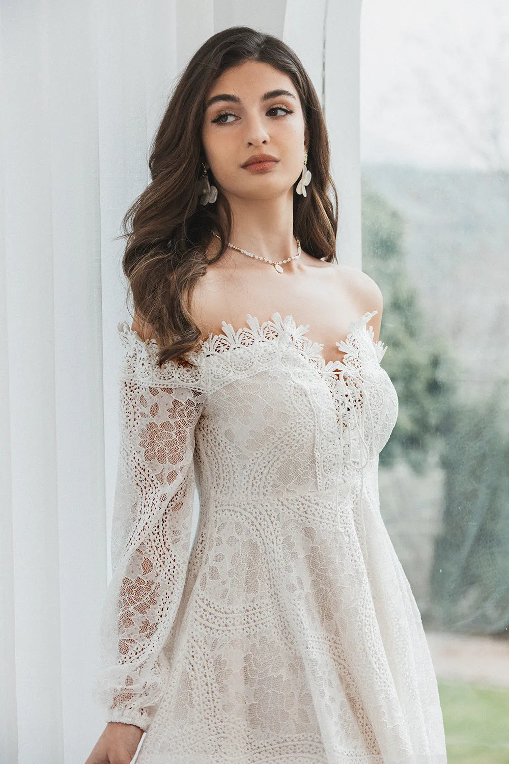Cute A Line Off the Shoulder Lace Short Graduation Dress with Long Sleeves sold by Wedtrend product image thumbnail 5