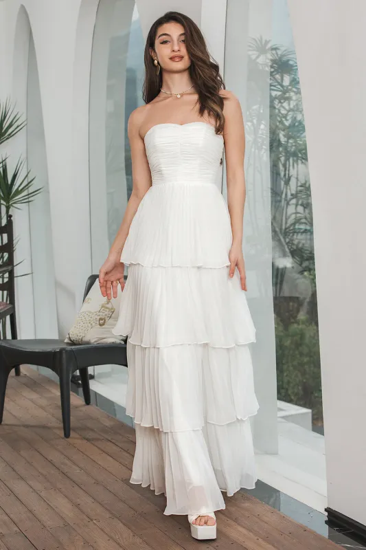 A-Line Strapless Tiered Long Chiffon Maxi White Dress sold by Wedtrend