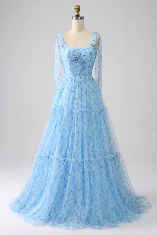 Light Blue A-Line Spaghetti Straps Pleated Long Prom Dress made by Wedtrend