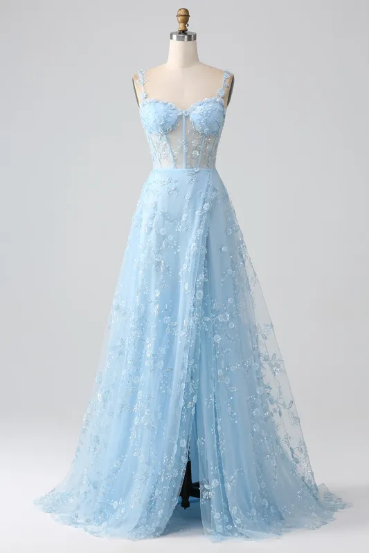 Sparkly Blue A Line Spaghetti Straps Sequin Corset Long Prom Dress With Slit made by Wedtrend