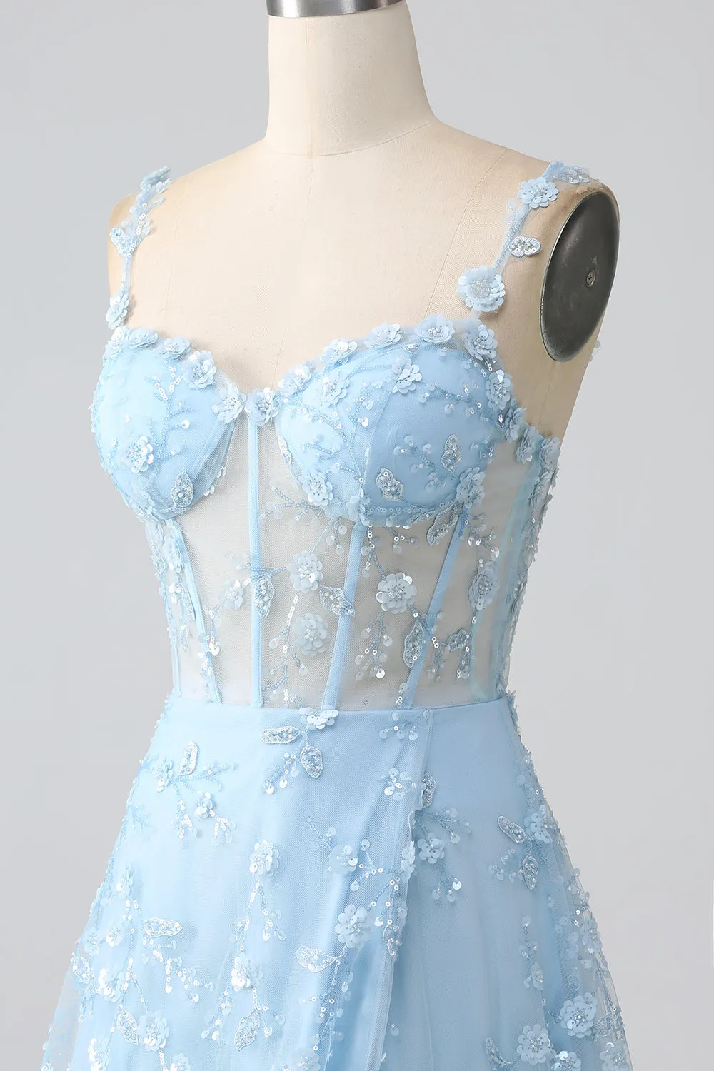 Sparkly Blue A Line Spaghetti Straps Sequin Corset Long Prom Dress With Slit sold by Wedtrend product image thumbnail 5