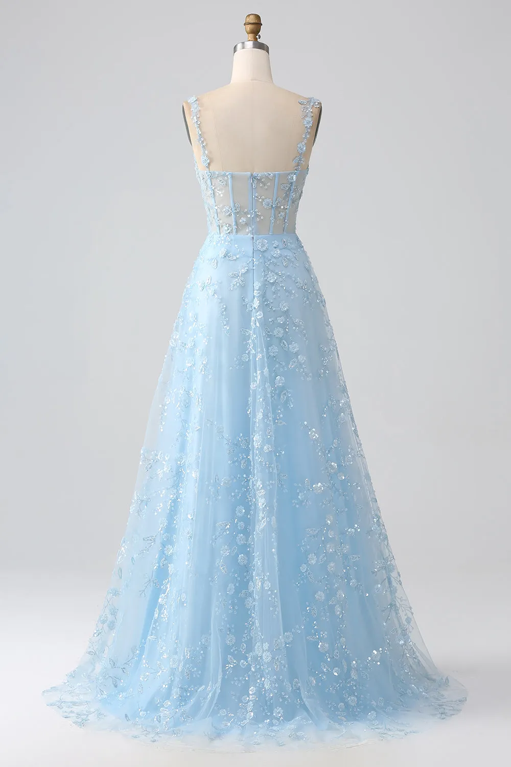 Sparkly Blue A Line Spaghetti Straps Sequin Corset Long Prom Dress With Slit sold by Wedtrend product image thumbnail 2