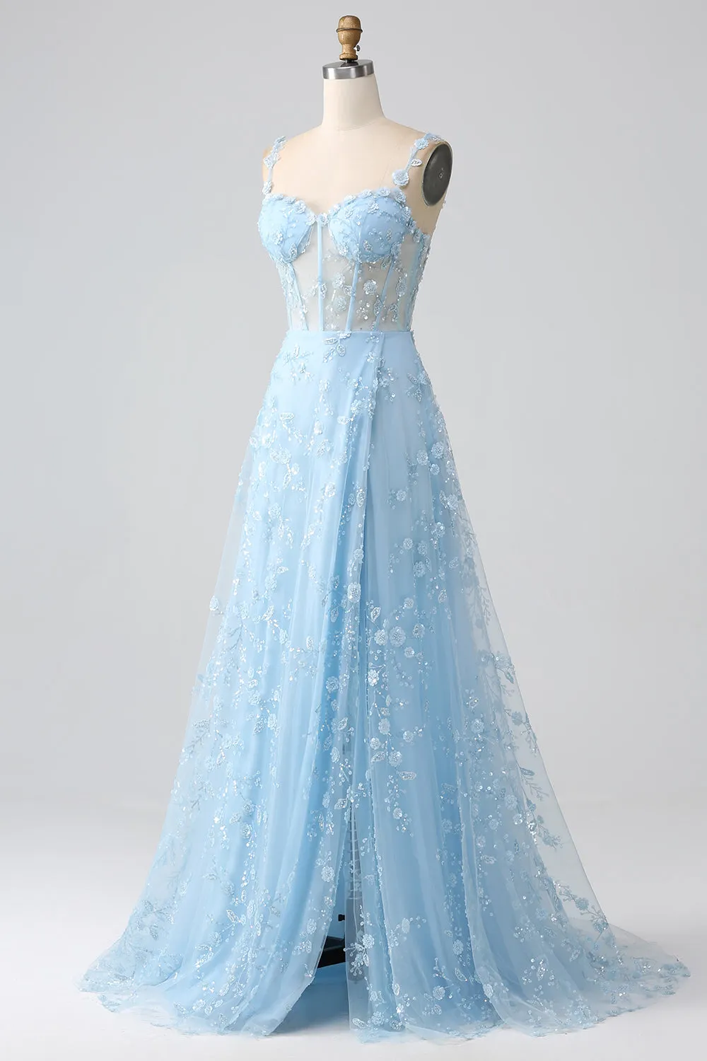 Sparkly Blue A Line Spaghetti Straps Sequin Corset Long Prom Dress With Slit sold by Wedtrend product image thumbnail 3