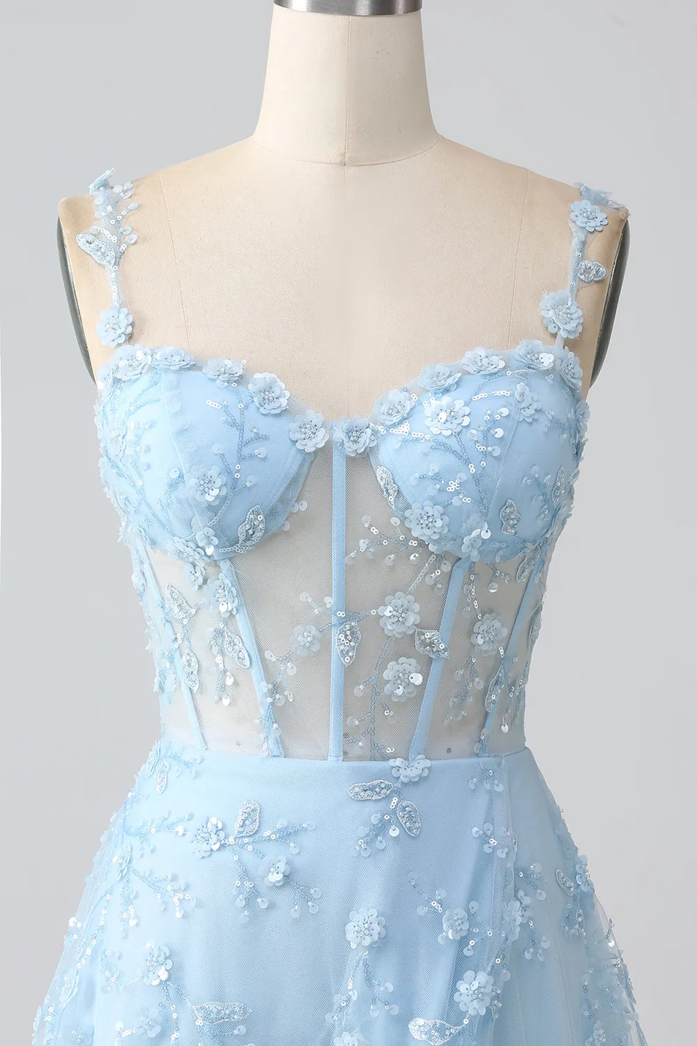 Sparkly Blue A Line Spaghetti Straps Sequin Corset Long Prom Dress With Slit sold by Wedtrend product image thumbnail 4
