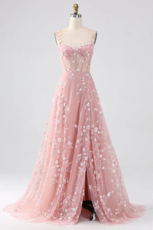 Sparkly Sequin Blush A Line Spaghetti Straps Corset Long Prom Dress With Slit sold by Wedtrend