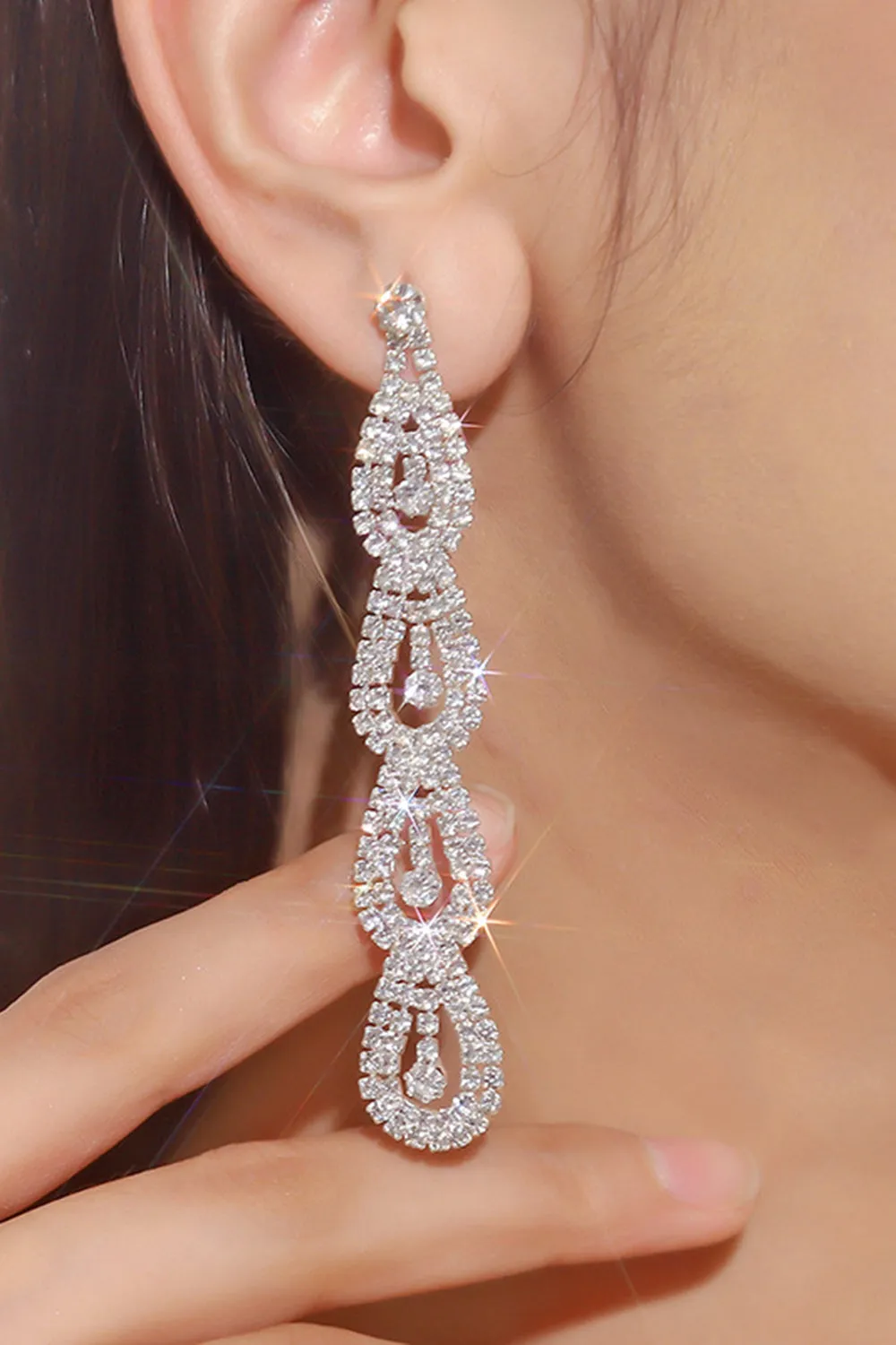 Silver Rhinestone Long Drop Earrings sold by Wedtrend product image thumbnail 2
