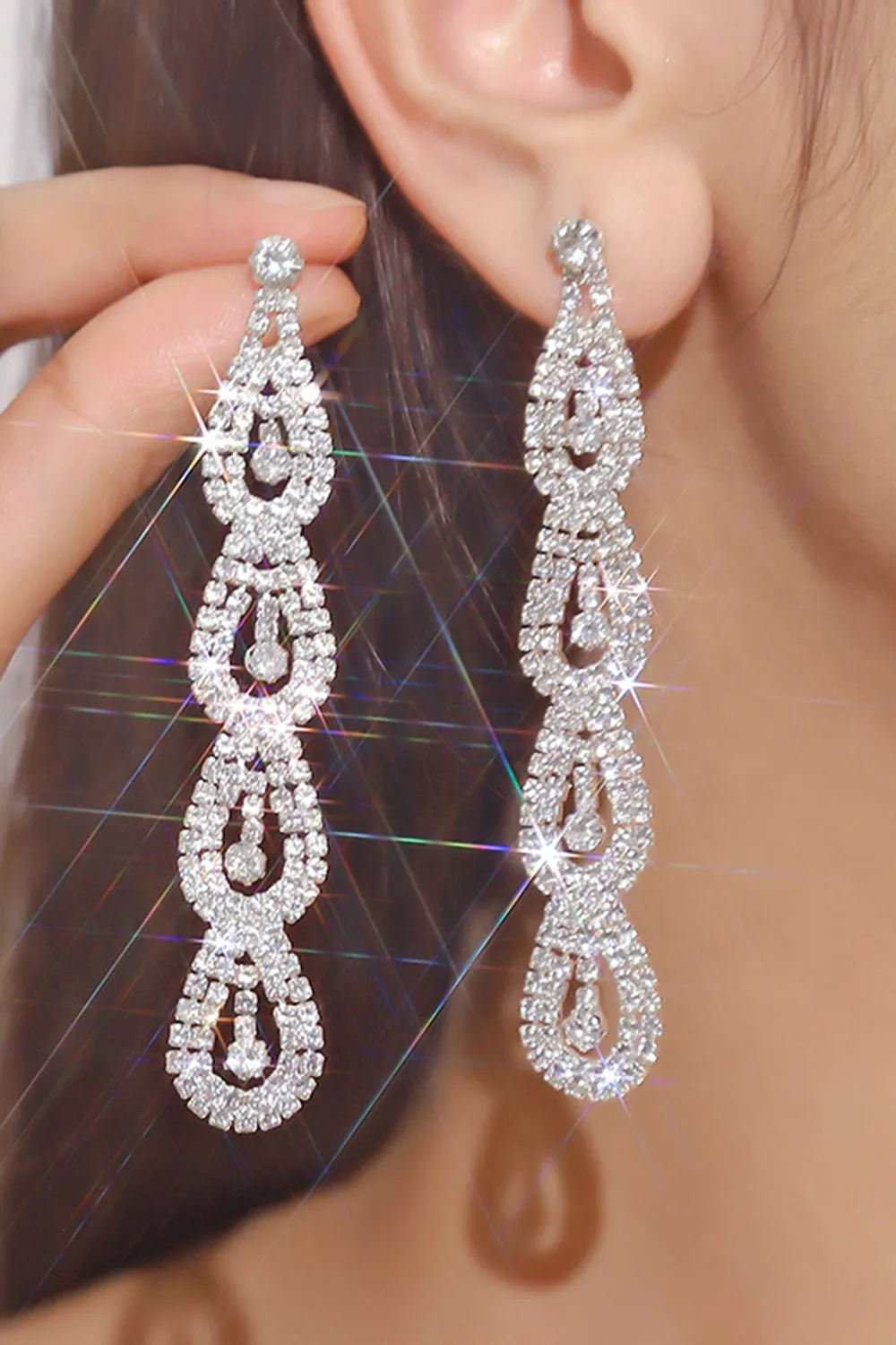 Silver Rhinestone Long Drop Earrings sold by Wedtrend