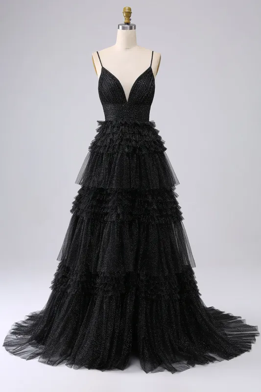 Black A Line Spaghetti Straps Long Tulle Prom Dress with Ruffles sold by Wedtrend