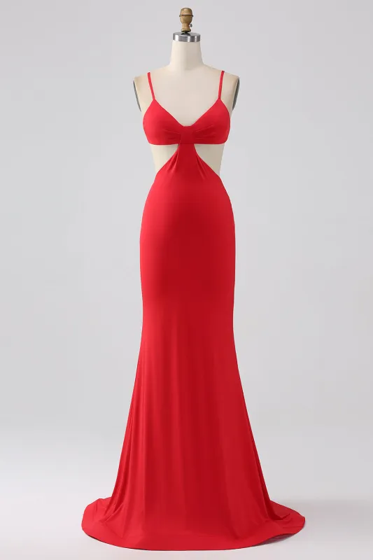 Red Mermaid Spaghetti Straps Pleated Backless Long Prom Dress sold by Wedtrend