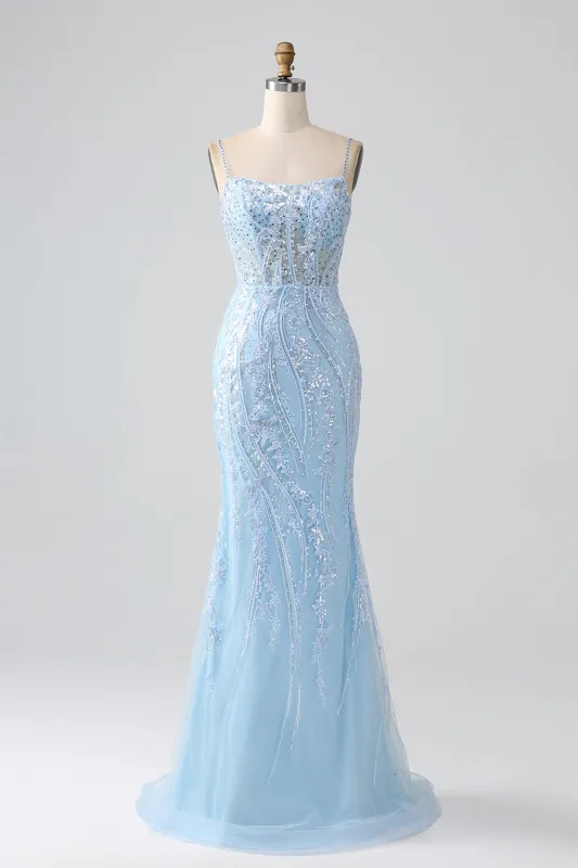 Sparkly Sky Blue Mermaid Spaghetti Straps Corset Long Prom Dress With Sequins sold by Wedtrend